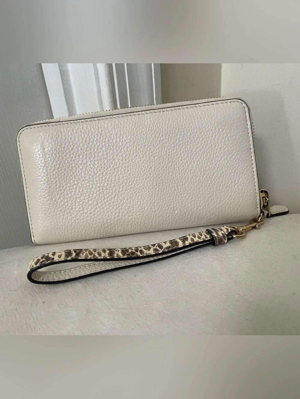 Coach Pebbled Leather Wristlet in Cream with Gold Logo